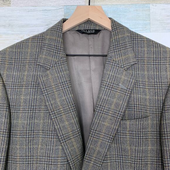 Jos A Bank Wool Sport Coat Jacket Gray Two Button Prince Of Wales Check Mens 43L - Picture 2 of 8
